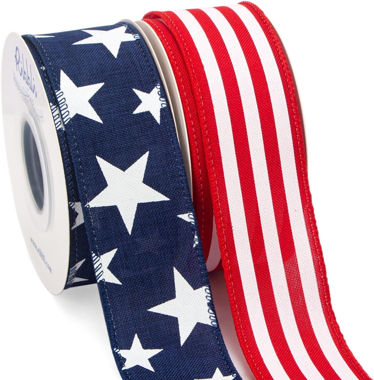 Patriotic Wired Ribbon, 2 Rolls Navy Star and Red Stripe Burlap Polyester Ribbon